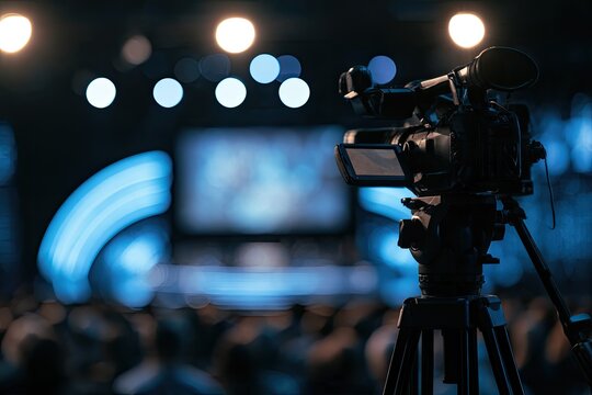 Camera on tripod, filming a blurred, lit-up stage with audience
