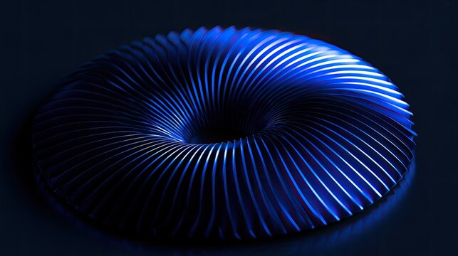 A metallic toroidal form with radiating grooves, illuminated with cool blue light