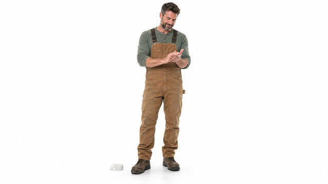 Man in overalls looking down thoughtfully on white background