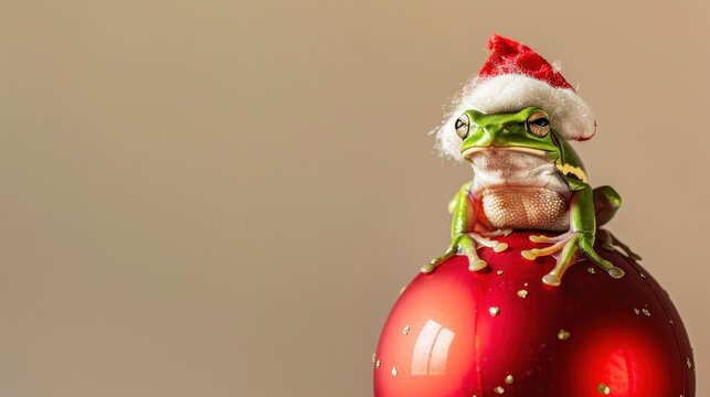Funny green frog wearing Santa hat sitting on glitter Christmas bauble ornament. Humorous cute amphibian character resting over festive glass ball, minimal copy space winter holiday banner mockup.