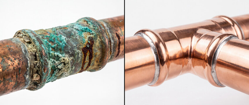 Before and After Comparison of Old Corroded Copper Pipe and Brand New Shiny T-Junction Plumbing