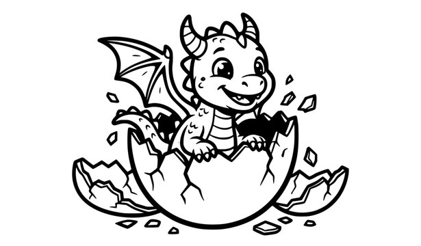 Playful baby dragon emerging from broken egg smiling black and white cartoon vector