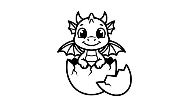 Happy baby dragon sitting in cracked egg black and white cartoon vector illustration
