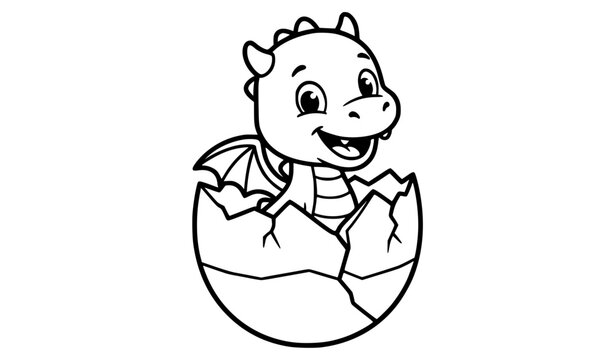 Cute smiling cartoon dragon hatching from cracked egg black and white vector illustration