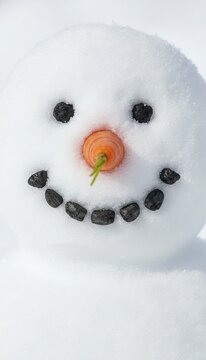 Close up portrait of a smiling snowman face with a carrot nose and coal eyes against a white snowy background, concept of winter joy and seasonal cheer