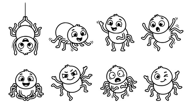 Eight Cute Cartoon Spider Characters In Various Funny Poses Vector Illustration Set