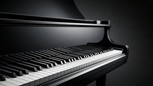 Close up of black and white grand piano keys with dramatic lighting