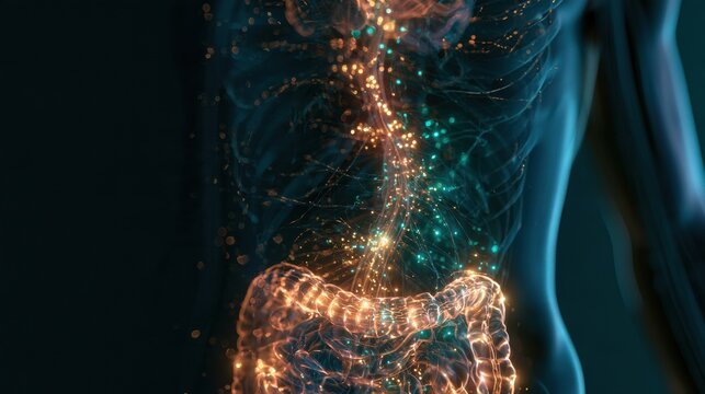 An abstract cross-section shows a glowing intestinal tract at the bottom connected to the brain above by a luminous vagus nerve pathway.
