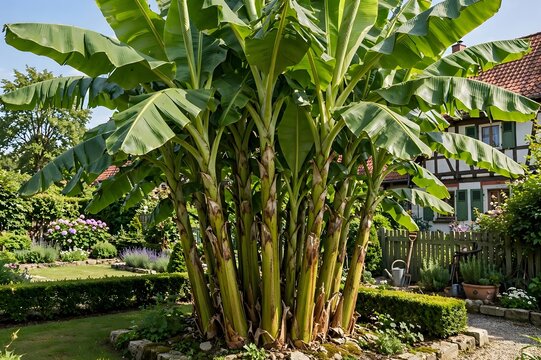 Giant hardy banana plant Musa basjoo with many trunks growing in summer garden in Germany, tropical look in temperate climate