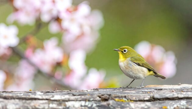 Japanese white eye bird perched among spring cherry blossoms