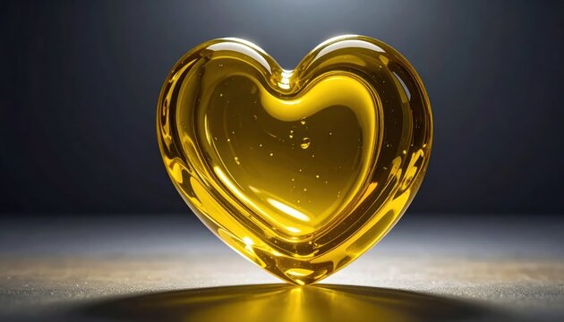 Translucent golden heart glowing on a dark surface