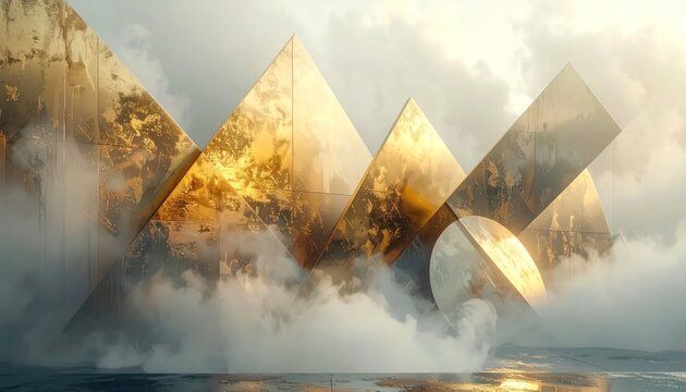 Abstract golden triangular structures emerging from thick white clouds