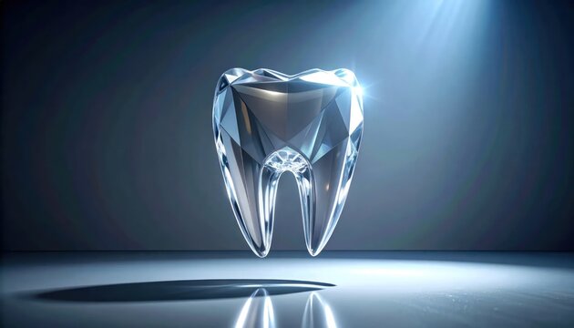 Glowing crystal human tooth model on dark background