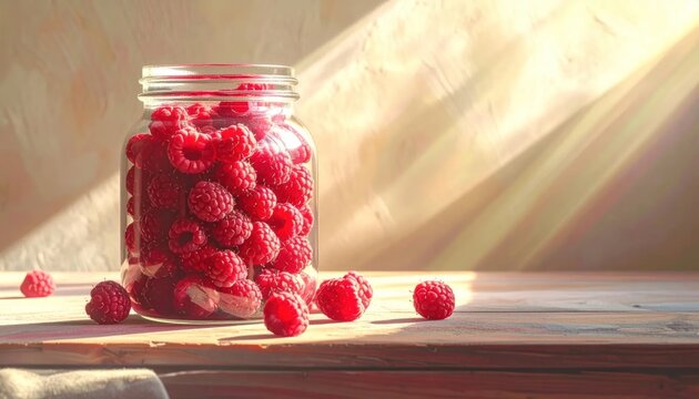 Fresh red raspberries in glass jar under warm morning sunlight