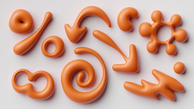 Seamless loop of orange inflated abstract symbols pulsing and waving together. Glossy soft forms ripple and morph with fluid elastic motion.