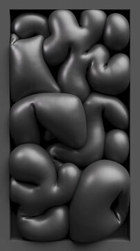 Black abstract forms gradually inflate and expand inside a vertical frame. Soft shapes gain volume and settle into a dense glossy 3D composition.