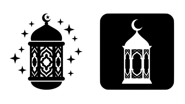 Black and white vector illustration of traditional islamic lanterns for ramadan celebration
