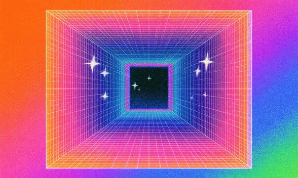 Neon grid tunnel vanishing into starry space, vibrant gradient