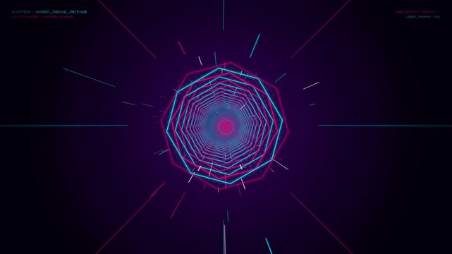 Dynamic POV flight through a futuristic glowing neon polygonal tunnel in deep space, featuring vibrant blue and pink geometric lines, streaking particles, and a sci-fi HUD display, evoking fast war...