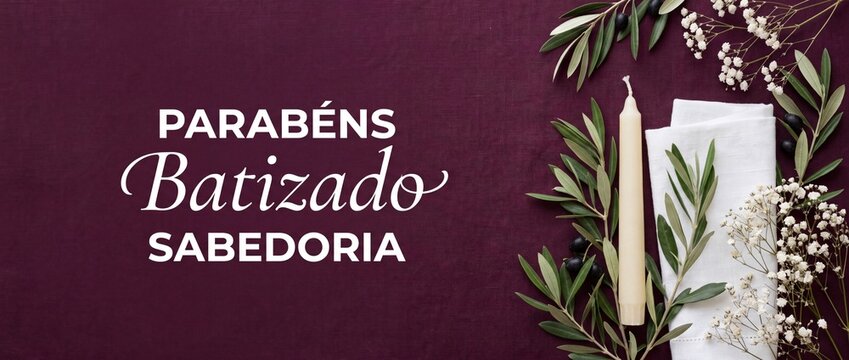 Baptism greeting card background Portuguese batizado parabens text with candle olive branches gypsophila flowers on dark burgundy linen background for christening holy communion religious banner