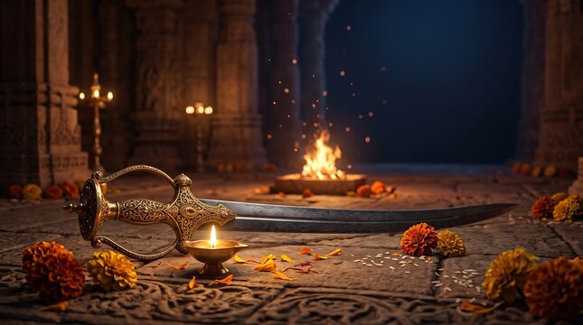 Ancient Indian sword on stone temple floor with sacred fire and oil lamp