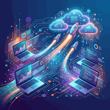 Digital Transformation Concept With Rockets Launching Towards Cloud Servers And Laptops Displaying Data