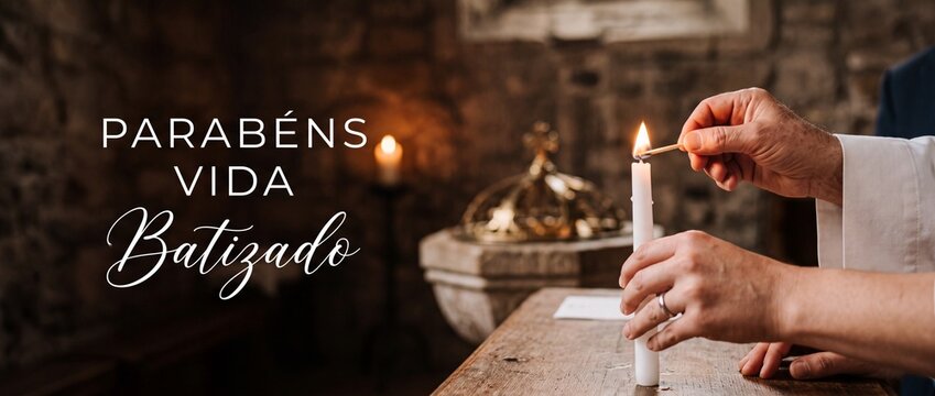 Baptism candle lighting church ceremony hands lighting white candle in catholic sanctuary with Portuguese text Parabens Vida Batizado banner for Christian christening greeting card background
