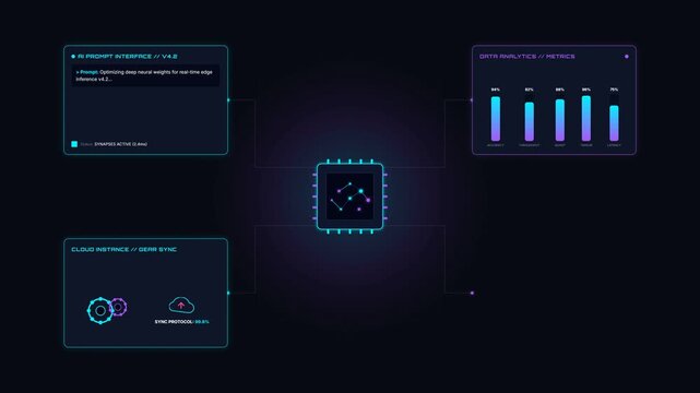 Futuristic AI Processor Chip with Animated Data Interfaces and Graphs, displaying Deep Neural Network Optimization, Real-time Edge Inference Metrics, Cloud Sync, and Stream Latency Analytics on a D...