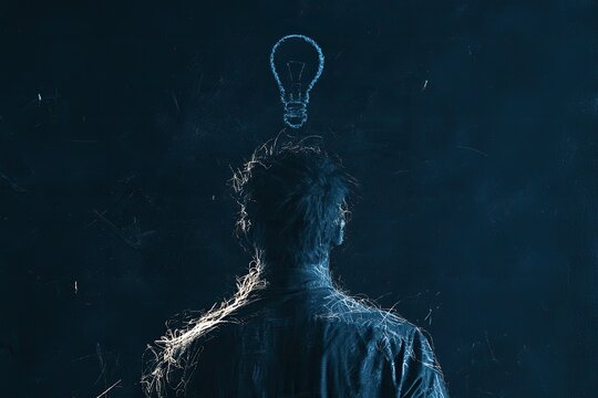 A silhouette of a person's head from behind with a glowing idea bulb above