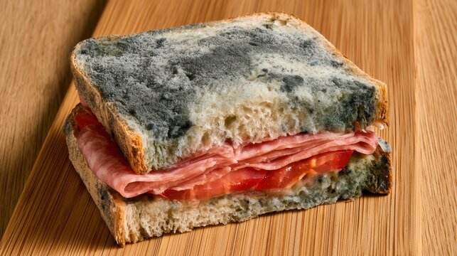 Moldy sandwich with ham and tomato on wooden board. Stale bread slices are covered dark toxic fungus. Perfect for school lunch food safety and public catering hygiene ads. Foodborne Illness Prevention