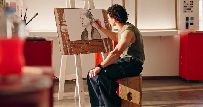 Man, artist and sketch for art in workshop, creativity and technique with skill and shading. Person, easel and drawing for artistic expression, talent and design process for artwork in studio