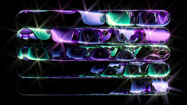 Horizontal glass capsules distort colorful metallic forms through vivid refraction and shine. Futuristic abstract loop for luxury branding, digital visuals, and technology backgrounds.
