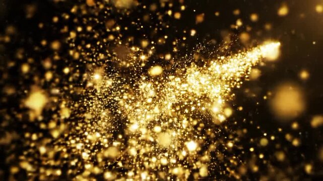Gold glittering star dust trail sparkles in dark space with particles moving and shining