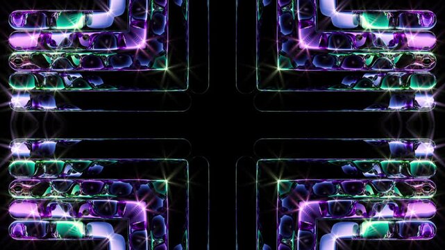Symmetrical glass geometry refracts multicolored metallic forms into a luminous abstract pattern. Futuristic looped background for branding, innovation, and modern visual design.