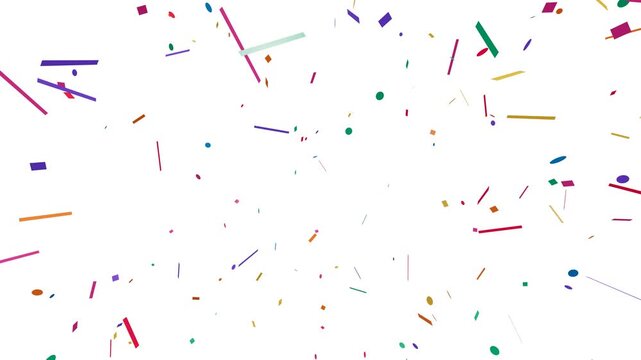 Vibrant explosion of multicolored confetti bursts and slowly falls against a clean white background, creating a festive, joyful, and dynamic celebration visual for party announcements, event intros...