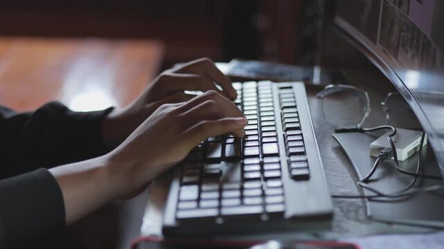 Close-up view of a person's hands typing on keyboard at a home office desk, representing work, coding, or online tasks.
