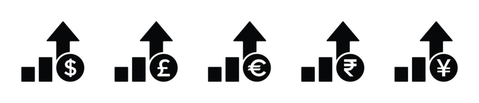 Cost increase icons set. Euro, Dollars, Pound, Yen and Rupee price increase icon. Value of money increase concept designs