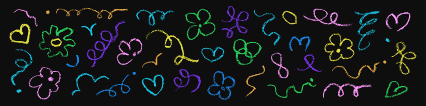 Set of bright crayon doodles on black background