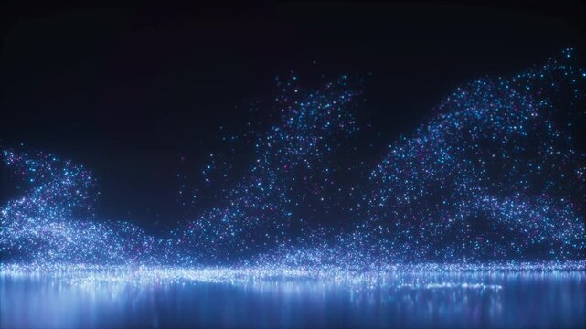 Abstract shimmering glitter over the dark blue background. 3D cycled animation. Glowing particle waves rise and fall