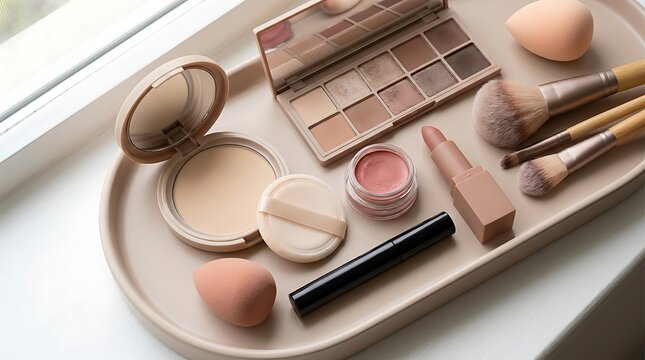 Set of professional makeup tools and beauty products arranged on a tray for daily skincare routine. simple makeup tutorial
