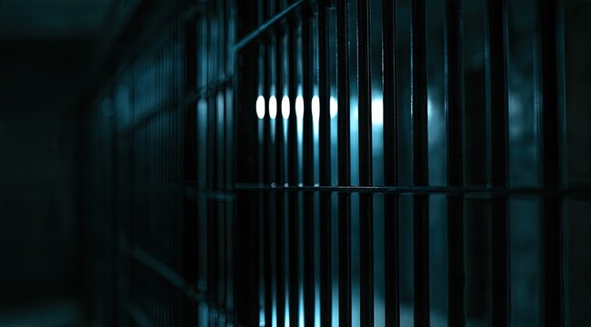 Dark, moody prison cell with bright light behind bars