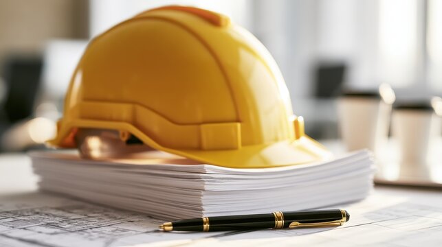 Yellow hard hat sits on stack of white documentation papers. Premium fountain pen lies on blueprint draft inside office. Clean workspace for construction compliance audits and project estimation.
