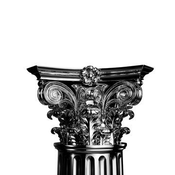 Chrome metallic 3d render antique column capital isolated on white background for vaporwave architecture branding, classical art and luxury historical museum campaign.