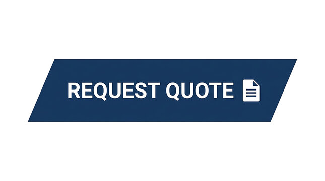 Request quote button icon. Dark blue slanted parallelogram banner featuring white text and a document symbol. Professional user interface element for corporate websites and e-commerce platforms