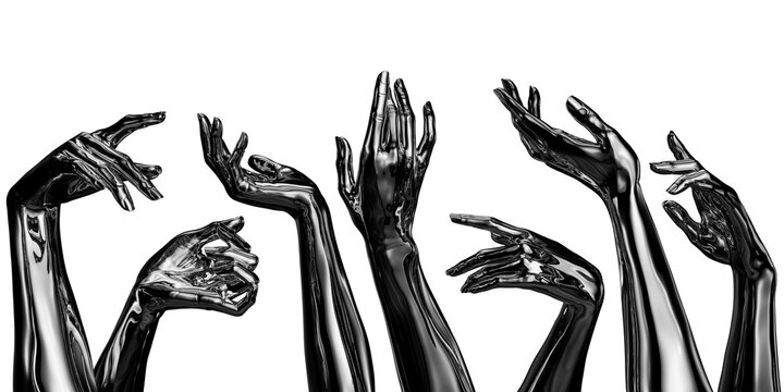 Liquid metal chrome hands reaching upward for concert