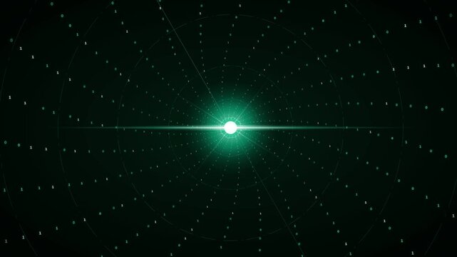 Futuristic digital tunnel of green binary code matrix moving towards a bright data light source, symbolizing advanced technology, network connectivity, AI, big data processing, and secure informati...