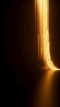 Golden neon streaks flow through a glowing vertical tunnel in seamless motion. Elegant futuristic animation for luxury branding, media, and digital visuals. 3D render motion.