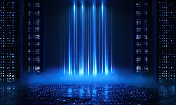 Vibrant blue beams of light emanate from a digital stage floor with misty haze