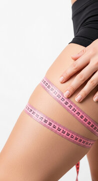 Close-up of a woman's thigh with a pink measuring tape, symbolizing weight loss, fitness, and body contouring goals