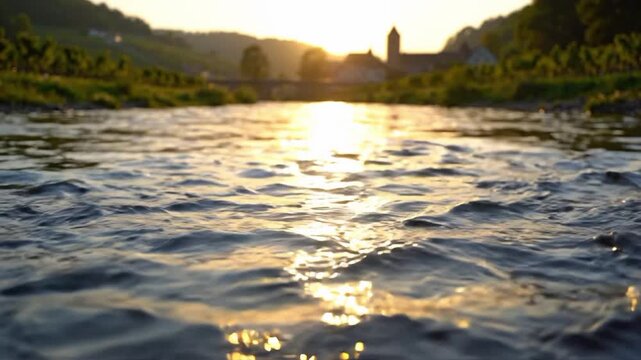 Cute cartoon wizard prepares potion in cauldron at sunset by river with reflections and shadows in nature